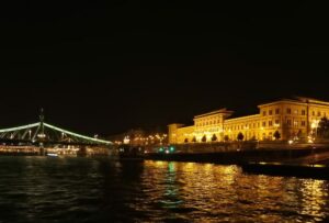 Budapest Corvinus University of Economics at night